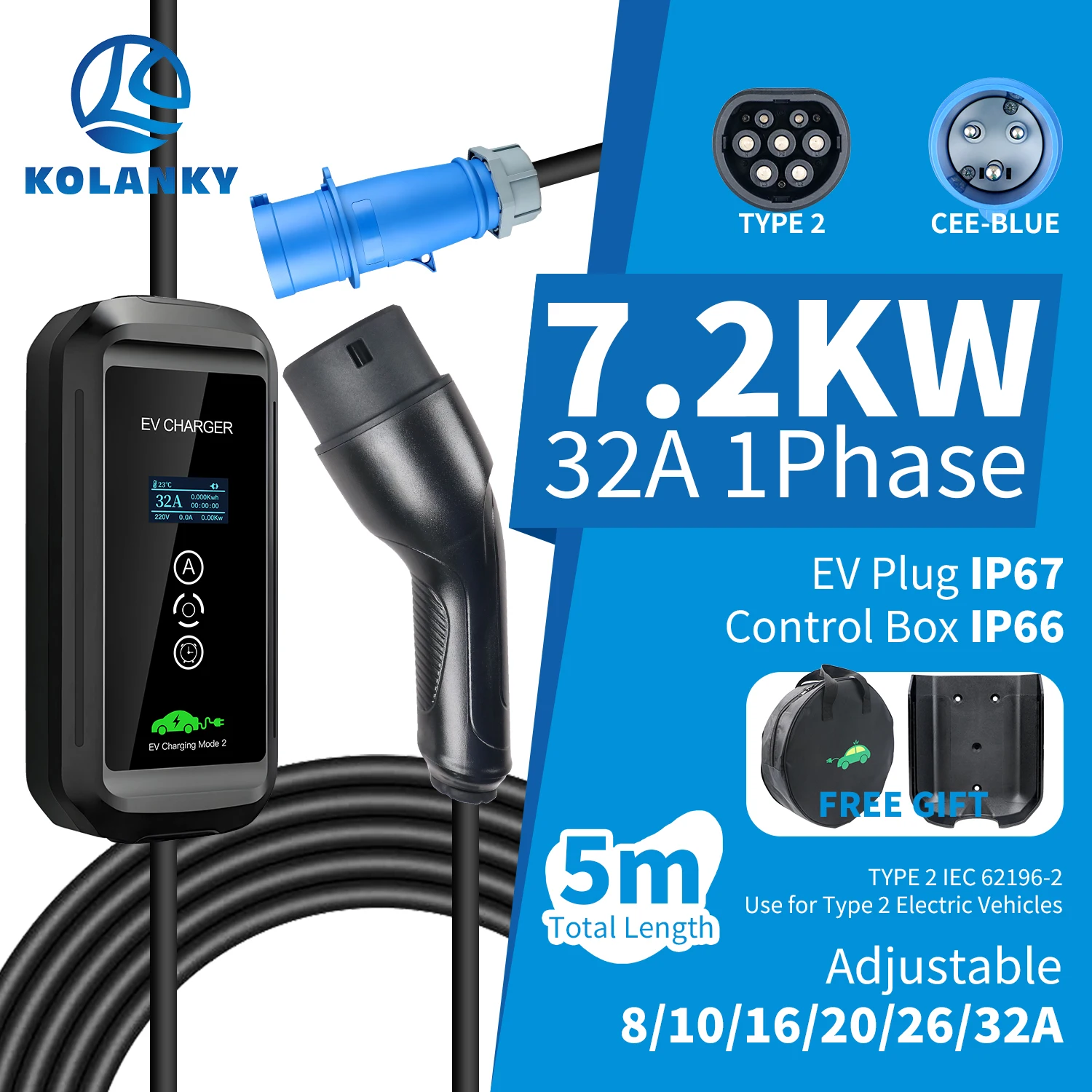 Kolanky 32A 7.2KW Type2 EV Portable Charger 1P EVSE Charging Box Car Charger for Type 2 Electric Vehicle with CEE Blue Total 5m
Kolanky 32A 7.2KW Type2 EV Portable Charger 1P EVSE Charging Box Car Charger for Type 2 Electric Vehicle with CEE Blue Total 5m