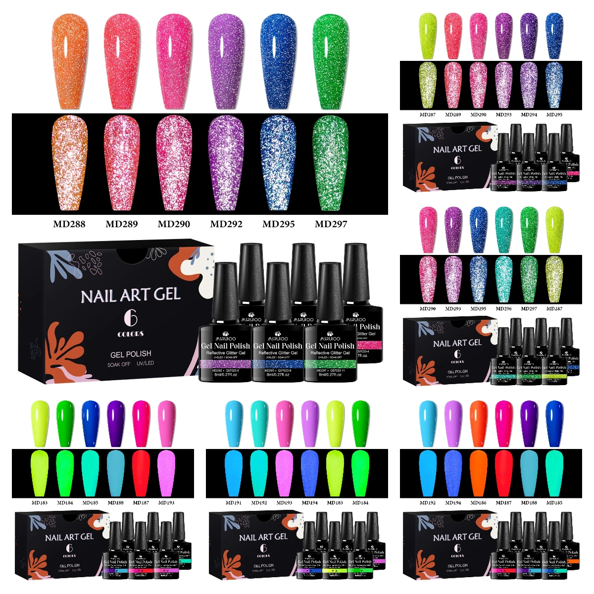 6Pcs Fluorescent Diamond Crushed Gel Nail Polish Set 8ml Red Purple Green Blue Neon Sparkly UV LED Nail Art Varnish
6Pcs Fluorescent Diamond Crushed Gel Nail Polish Set 8ml Red Purple Green Blue Neon Sparkly UV LED Nail Art Varnish
