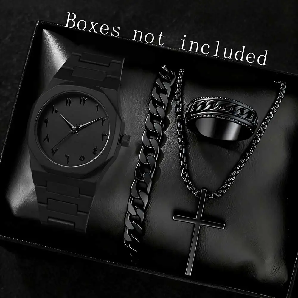 Men's all black octagonal Arabic numeral watch Cuban bracelet cross necklace ring four piece set, not including gift box
Men's all black octagonal Arabic numeral watch Cuban bracelet cross necklace ring four piece set, not including gift box