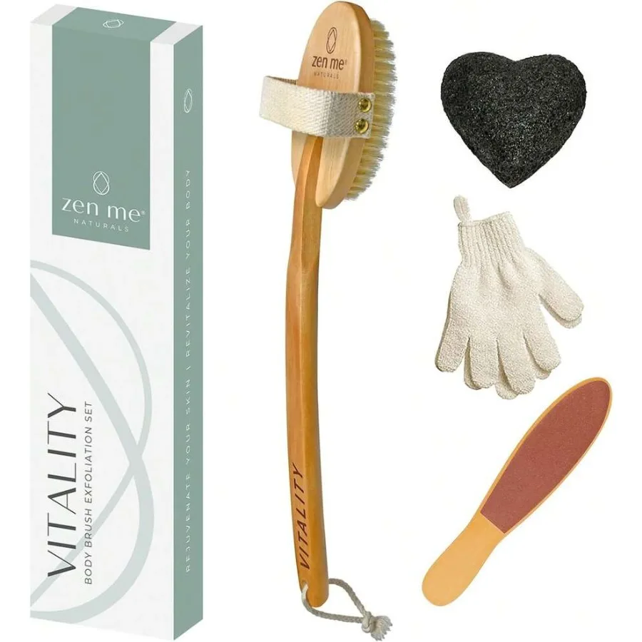 Dry Brushing Body Brush Set By Zen Me - Natural Exfoliation Kit With Premium Boar Bristle Brush, Shower Gloves, Konjac Facial S
Dry Brushing Body Brush Set By Zen Me - Natural Exfoliation Kit With Premium Boar Bristle Brush, Shower Gloves, Konjac Facial S
