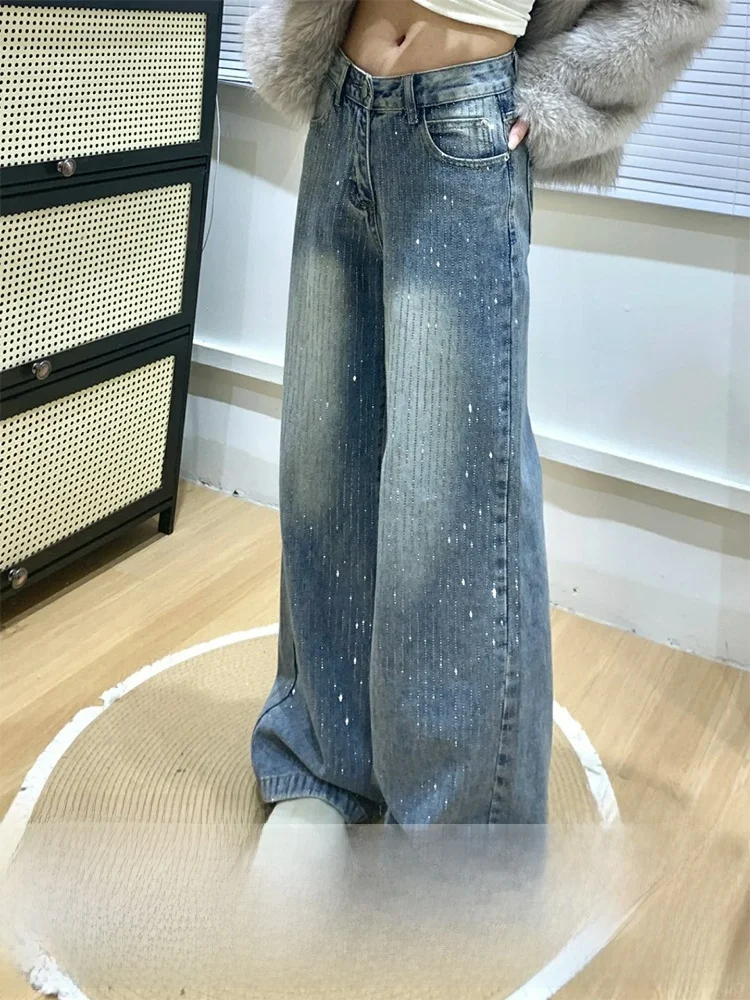Retro Flash Design Diamond Embedded Wide Leg Jeans Women's Summer Thin Straight Cut Pants High Waist Denim Casual Pure Color
Retro Flash Design Diamond Embedded Wide Leg Jeans Women's Summer Thin Straight Cut Pants High Waist Denim Casual Pure Color