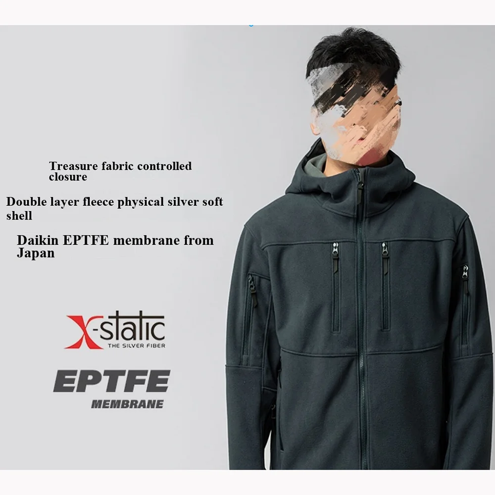 EPTFE membrane windproof X silver fiber double-sided velvet warm men's tactical soft shell jacket hooded jacket
EPTFE membrane windproof X silver fiber double-sided velvet warm men's tactical soft shell jacket hooded jacket