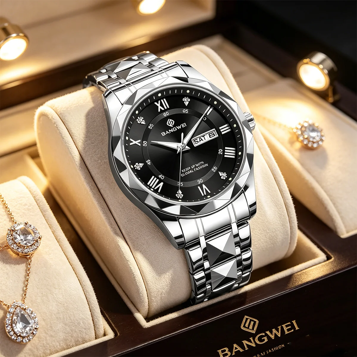 BANGWEI Sports Quartz Man Watch Black Stainless Steel Band Luxury Business Diamond Waterproof Calendar Fashion Watches for Men
BANGWEI Sports Quartz Man Watch Black Stainless Steel Band Luxury Business Diamond Waterproof Calendar Fashion Watches for Men