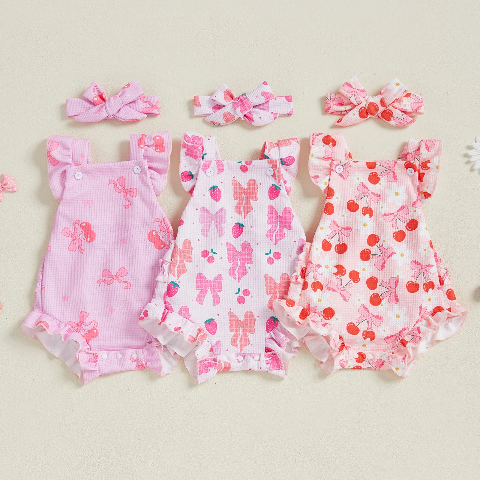 BeQeuewll Cute Ruffle Backless Baby Girls Rompers Cherry/Bowknot Print Fly Sleeve Infant Bodysuits Jumpsuits with Headband Set
BeQeuewll Cute Ruffle Backless Baby Girls Rompers Cherry/Bowknot Print Fly Sleeve Infant Bodysuits Jumpsuits with Headband Set