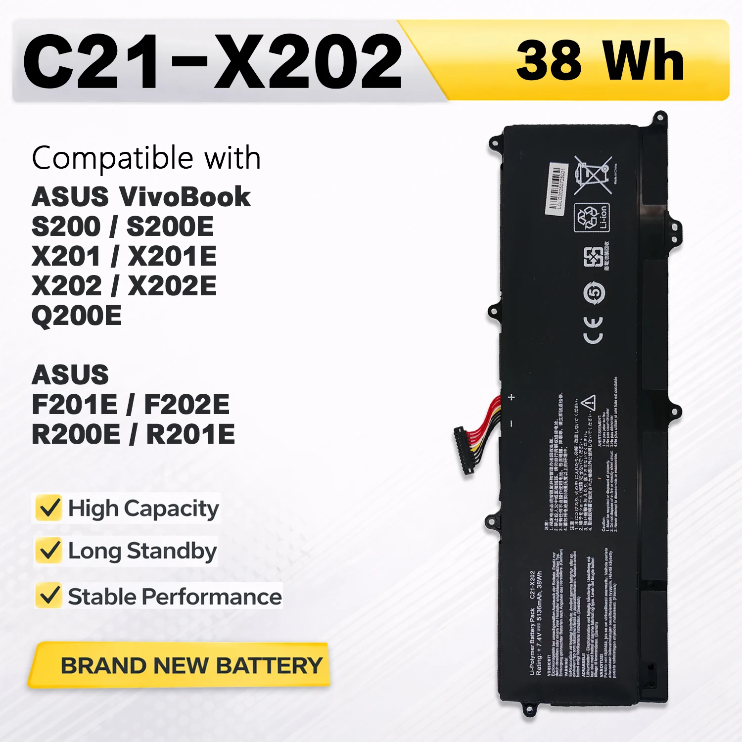 PowerHub C21-X202 7.4V 38Wh Laptop Battery For ASUS VivoBook S200E X201E X202E F201E F202E R200E R201E Q200E
PowerHub C21-X202 7.4V 38Wh Laptop Battery For ASUS VivoBook S200E X201E X202E F201E F202E R200E R201E Q200E