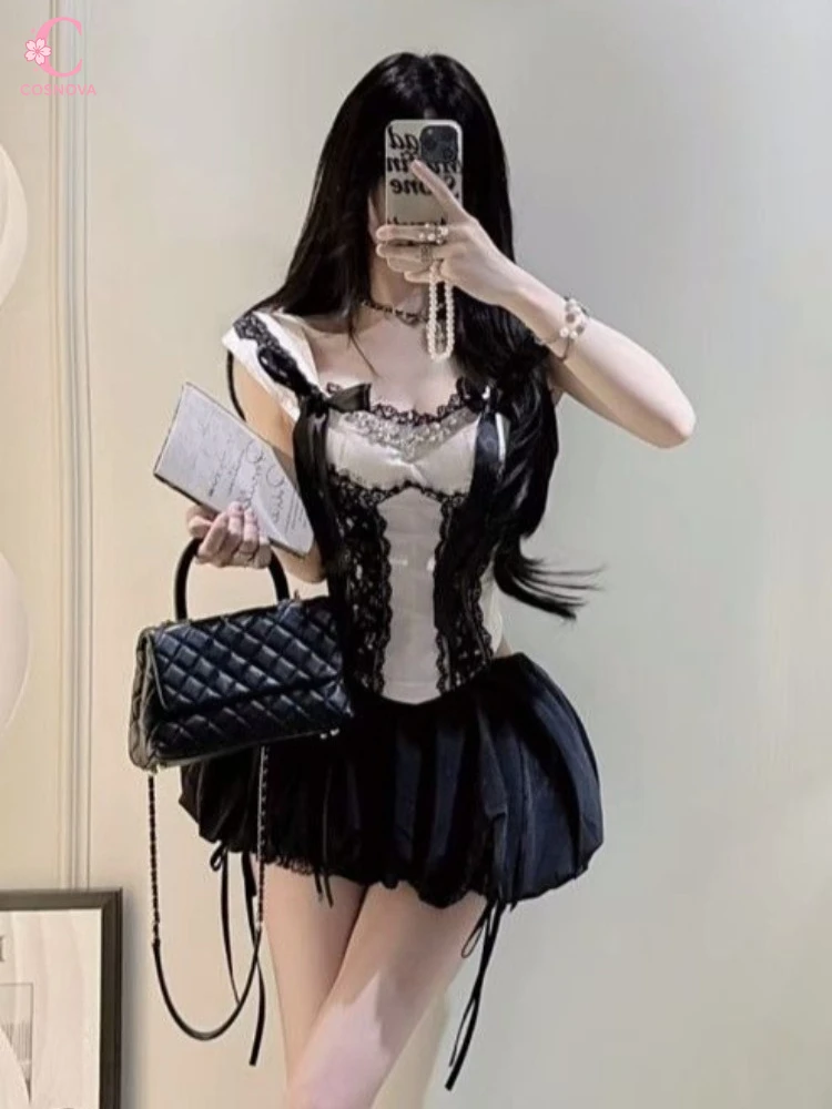 French Vintage Luxury Black White Lace Trim Corset Tosp Women Satin Puffy Mini Skirt Set Coquette Y2K Spicy Girl 2 Pieces Set
French Vintage Luxury Black White Lace Trim Corset Tosp Women Satin Puffy Mini Skirt Set Coquette Y2K Spicy Girl 2 Pieces Set