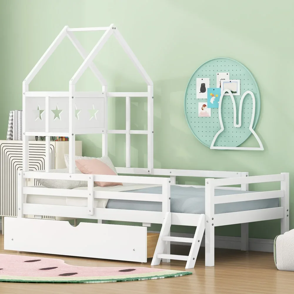 Wood Twin Size Platform Bed, House Bed with Drawer for Kids, White Children Beds, Twin House beds
Wood Twin Size Platform Bed, House Bed with Drawer for Kids, White Children Beds, Twin House beds