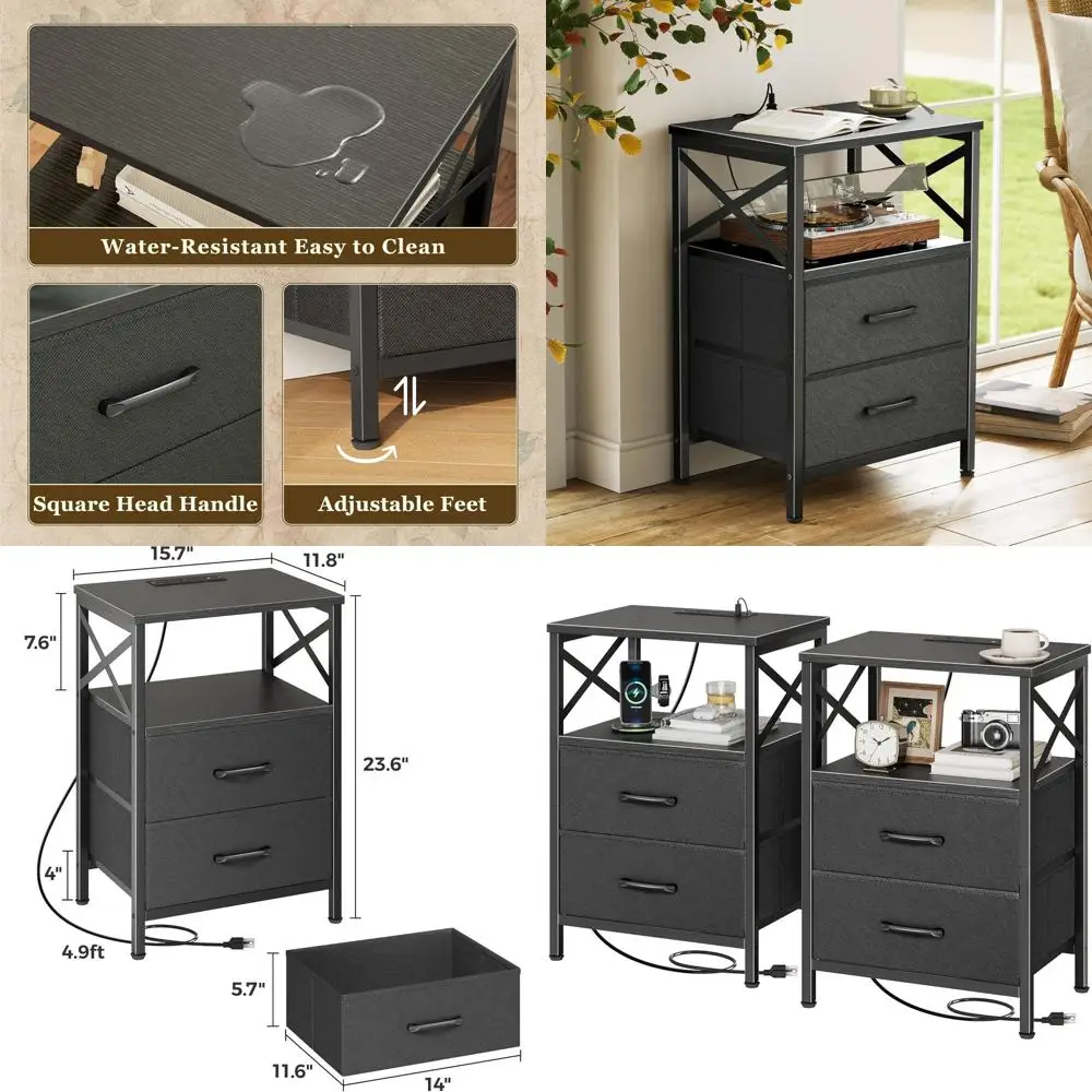 Pair of Black Nightstands with USB-C Charging, 2 Drawers, Open Shelf, and X-Shaped Side Rail for Small Spaces
Pair of Black Nightstands with USB-C Charging, 2 Drawers, Open Shelf, and X-Shaped Side Rail for Small Spaces