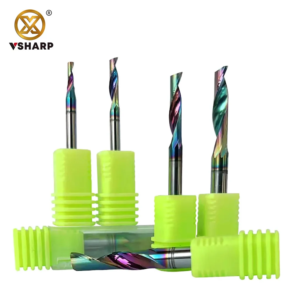 Vsharp 1F Aluminum End Mill 3.175mm Shank DLC Colorful Coating 1F Spiral CNC Milling Cutter
Vsharp 1F Aluminum End Mill 3.175mm Shank DLC Colorful Coating 1F Spiral CNC Milling Cutter