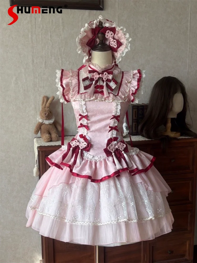Japanese Sweet Cute Lolita Princess Dresses Stand Collar Lace Splicing Flying Sleeves High Waist Kawaii Puffy Short Dress Women
Japanese Sweet Cute Lolita Princess Dresses Stand Collar Lace Splicing Flying Sleeves High Waist Kawaii Puffy Short Dress Women