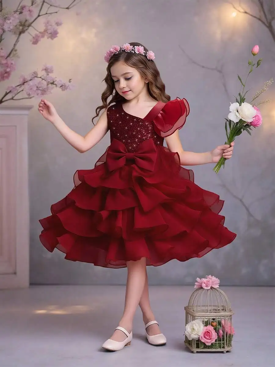 Burgundy Sequined Tulle Ruffled Evening Dress With Bow And Off Shoulder Sleeve
Burgundy Sequined Tulle Ruffled Evening Dress With Bow And Off Shoulder Sleeve