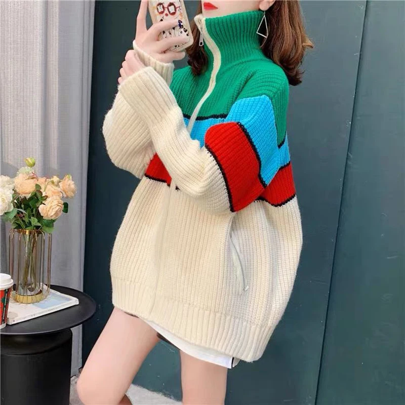2023 Spring Autumn New Knitted Cardigan Jacket Women Outwear Fashion Loose Stripes Contrasting Color Knitted Sweater Coat Female
2023 Spring Autumn New Knitted Cardigan Jacket Women Outwear Fashion Loose Stripes Contrasting Color Knitted Sweater Coat Female
