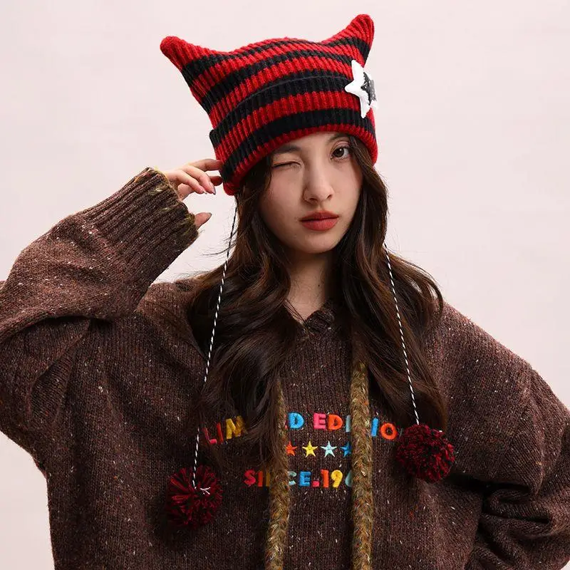 Harajuku Beanie Striped Knitted Hat Women Girls Autumn Winter Cute Cat Ears Caps Hip-hop Crochet Pointed Pullover Hats 
Harajuku Beanie Striped Knitted Hat Women Girls Autumn Winter Cute Cat Ears Caps Hip-hop Crochet Pointed Pullover Hats
