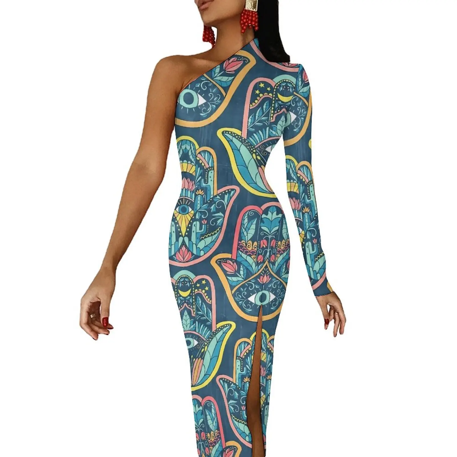 Hamsa Hand Bodycon Dress Summer Retro Talisman Sexy Side Split Long Dresses One Shoulder Printed Aesthetic Dress
Hamsa Hand Bodycon Dress Summer Retro Talisman Sexy Side Split Long Dresses One Shoulder Printed Aesthetic Dress