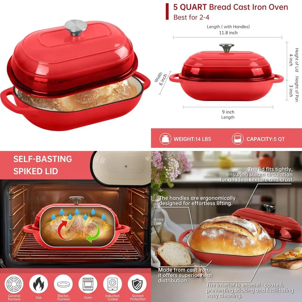 Enameled Cast Iron Dutch Oven - 5QT Non-Stick Oval Bread Baker for Sourdough, Loaves, and Artisan Bread (Red)
Enameled Cast Iron Dutch Oven - 5QT Non-Stick Oval Bread Baker for Sourdough, Loaves, and Artisan Bread (Red)
