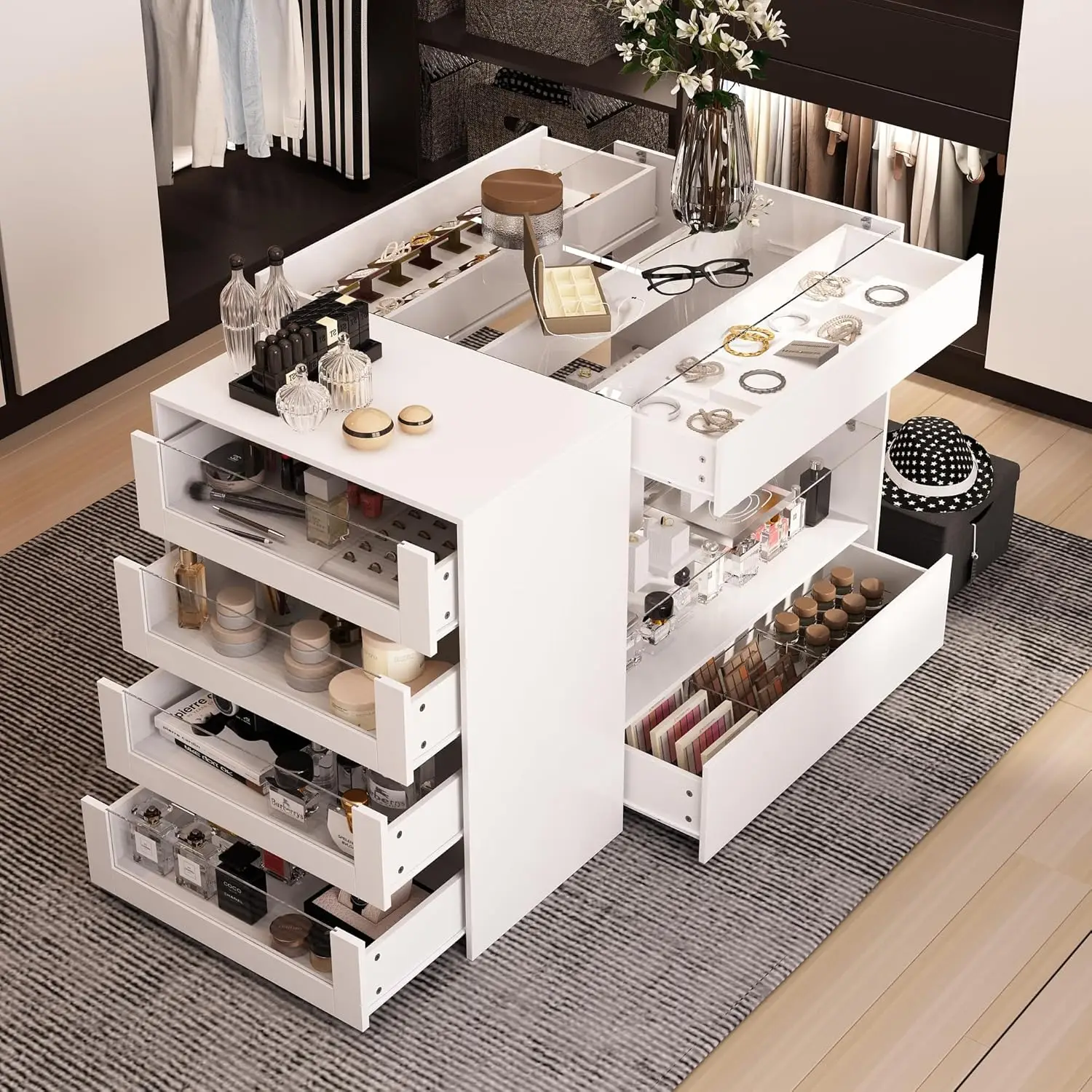 Display Cabinet Island with Glass Top and Front, Walk in Closet Organizer with 7 Drawers and 2-Tier Shelf, Shop Display Case
Display Cabinet Island with Glass Top and Front, Walk in Closet Organizer with 7 Drawers and 2-Tier Shelf, Shop Display Case
