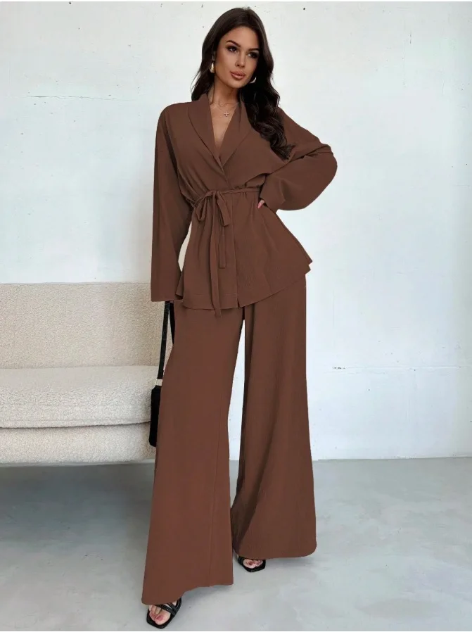 Autumn Winter Trousers Suit Solid Color Loose And Elegant Casual Lace-up V-neck Long Sleeve Top Wide-leg Trousers Two-piece Set
Autumn Winter Trousers Suit Solid Color Loose And Elegant Casual Lace-up V-neck Long Sleeve Top Wide-leg Trousers Two-piece Set