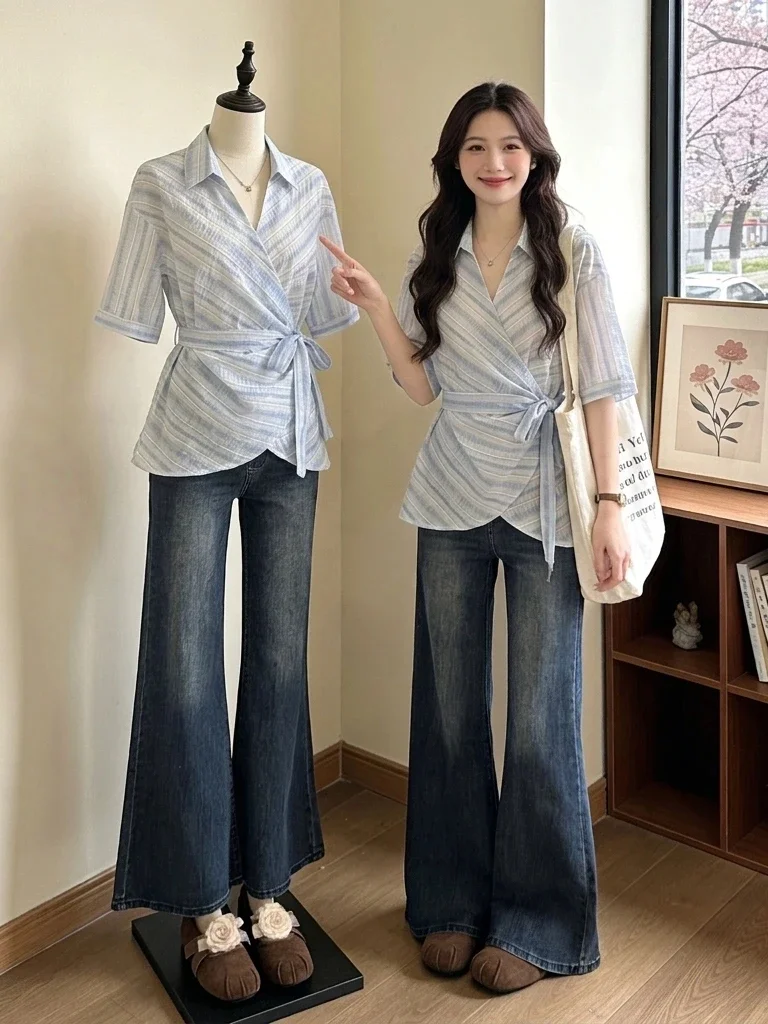 Light Blue Striped V-Neck Short Sleeve Shirt Women's Summer New Style plus Size Belted Waist Tie Unusual Top Korean Style
Light Blue Striped V-Neck Short Sleeve Shirt Women's Summer New Style plus Size Belted Waist Tie Unusual Top Korean Style