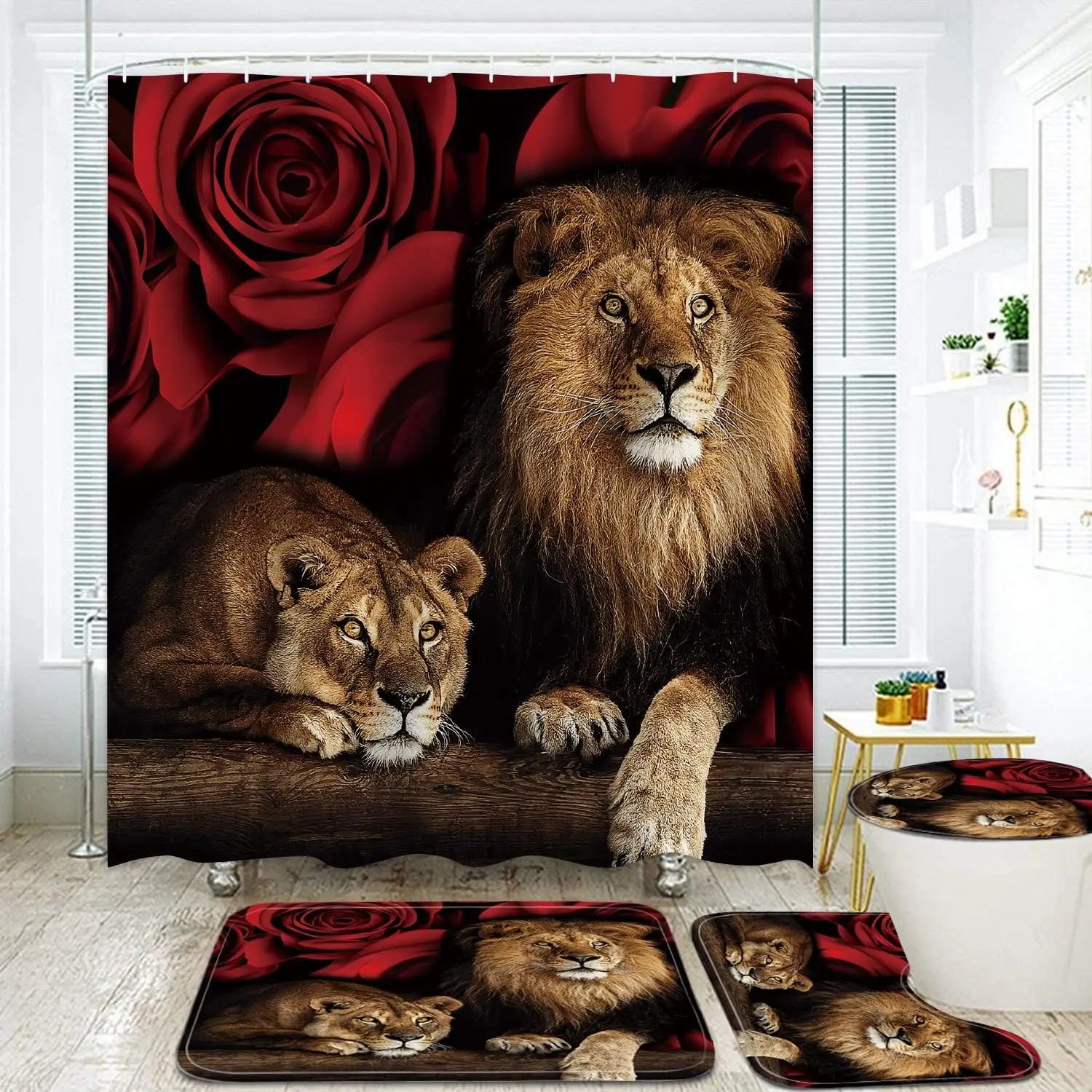 4PCS Red Rose and Lion Shower Curtain Set with Rugs, Toilet Cover, Bath Mat, 12 Hooks for Complete Bathroom Decor
4PCS Red Rose and Lion Shower Curtain Set with Rugs, Toilet Cover, Bath Mat, 12 Hooks for Complete Bathroom Decor