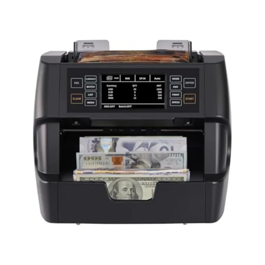 Business money counter for mixed USD/Euro/CAD/MXN bills, CIS/UV/IR/MG/MT counterfeit detection, value counting, printer enabled
Business money counter for mixed USD/Euro/CAD/MXN bills, CIS/UV/IR/MG/MT counterfeit detection, value counting, printer enabled