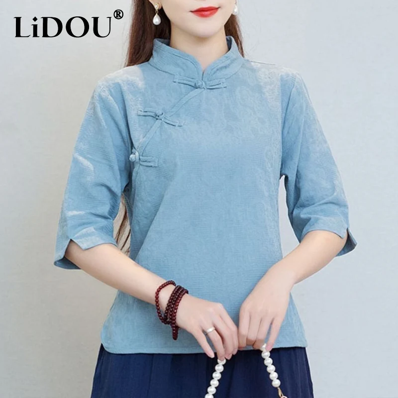 2023 Summer New Cotton Hemp Chinese Style Shirt Women Round Neck Half Sleeve Solid Color Pullovers Fashion Casual All-match Tops
2023 Summer New Cotton Hemp Chinese Style Shirt Women Round Neck Half Sleeve Solid Color Pullovers Fashion Casual All-match Tops
