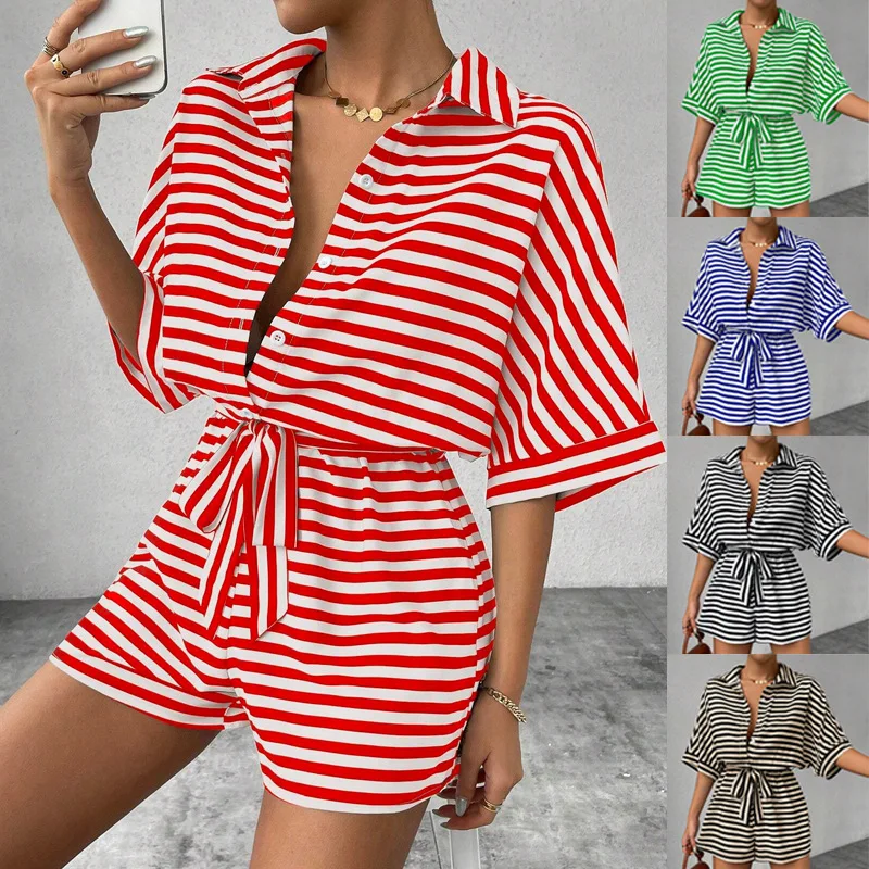 Striped Lapel Cardigan Button Short Sleeve Belt Shorts Jumpsuit Playsuit Matching Set Women Spring Summer
Striped Lapel Cardigan Button Short Sleeve Belt Shorts Jumpsuit Playsuit Matching Set Women Spring Summer