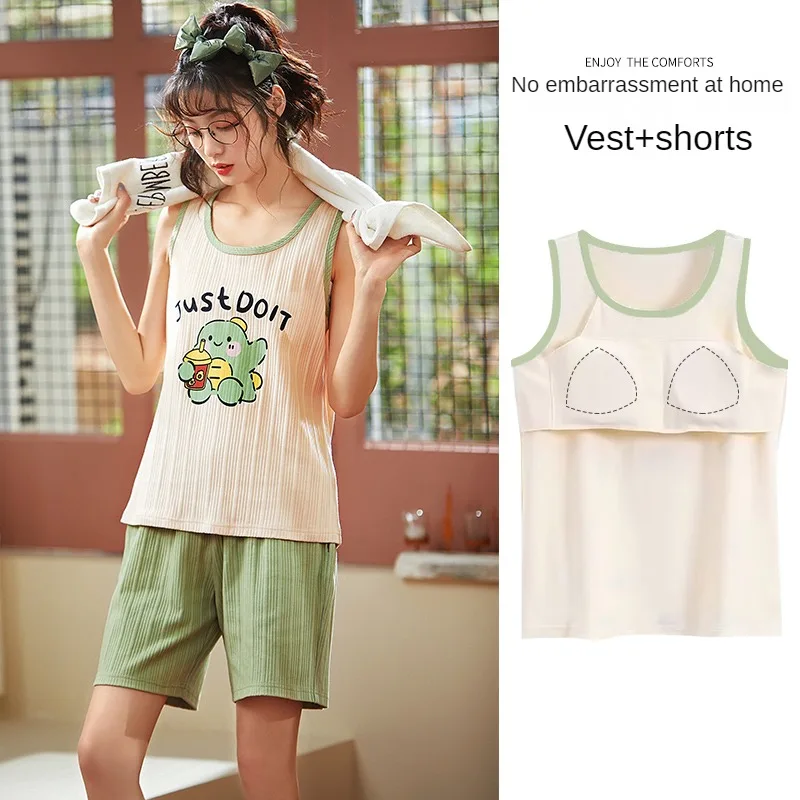 Summer Kwaii Girl Sleeveless Pyjamas Cartoon Panda Women's Pajamas Sets Plaid Sleepwear With Bust-padded Nightwear Pijama Mujer
Summer Kwaii Girl Sleeveless Pyjamas Cartoon Panda Women's Pajamas Sets Plaid Sleepwear With Bust-padded Nightwear Pijama Mujer