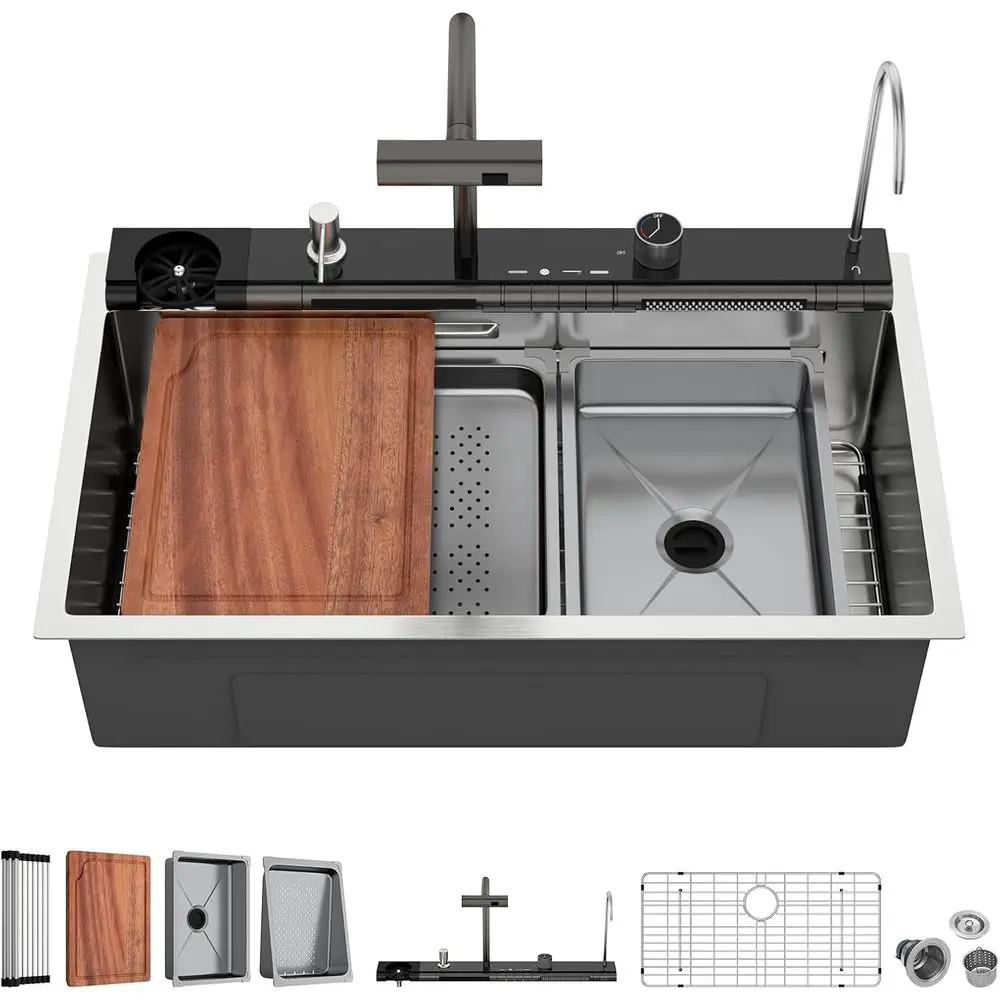 Кухонная мойка из нержавеющей стали 33 с одной чашей, встраиваемая, с краном, омывателем для чашек и цифровым дисплеем
Кухонная мойка из нержавеющей стали 33 с одной чашей, встраиваемая, с краном, омывателем для чашек и цифровым дисплеем