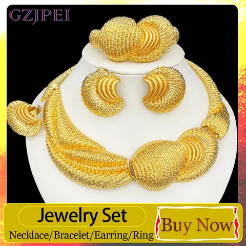 GZJPEI Vintage African Gold Color Jewelry Set For Women Textured Wave Choker Necklace Earrings Ring Bracelet 4Pcs Luxury Statement Wedding Party Jewelry Gift