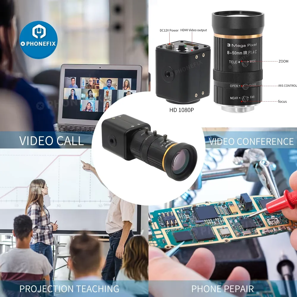 HD 1080P 2.0MP Live Streaming Camera HDMI Video Recording Camera 8-50mm F1.4 Lens Webcam for Projection Teaching Phone Repair