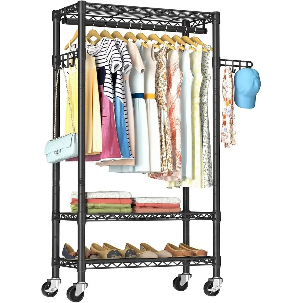 Металлическая вешалка для одежды на колесиках, 3-ярусная регулируемая стойка для одежды с проволочными полками и штангой для вешалок
Металлическая вешалка для одежды на колесиках, 3-ярусная регулируемая стойка для одежды с проволочными полками и штангой для вешалок