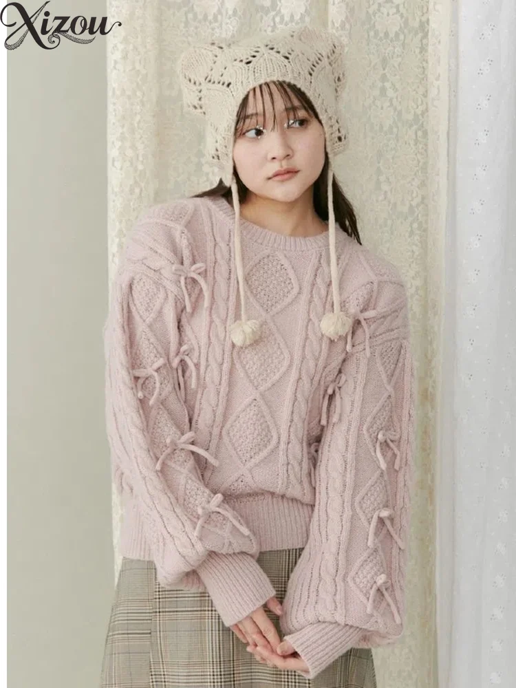 Autumn Winter Girl Sweet Girl Women Knitted Sweater Bow Round Neck Twisted Woven Long Sleeve Casual Loose Pullover Cute Top
Autumn Winter Girl Sweet Girl Women Knitted Sweater Bow Round Neck Twisted Woven Long Sleeve Casual Loose Pullover Cute Top