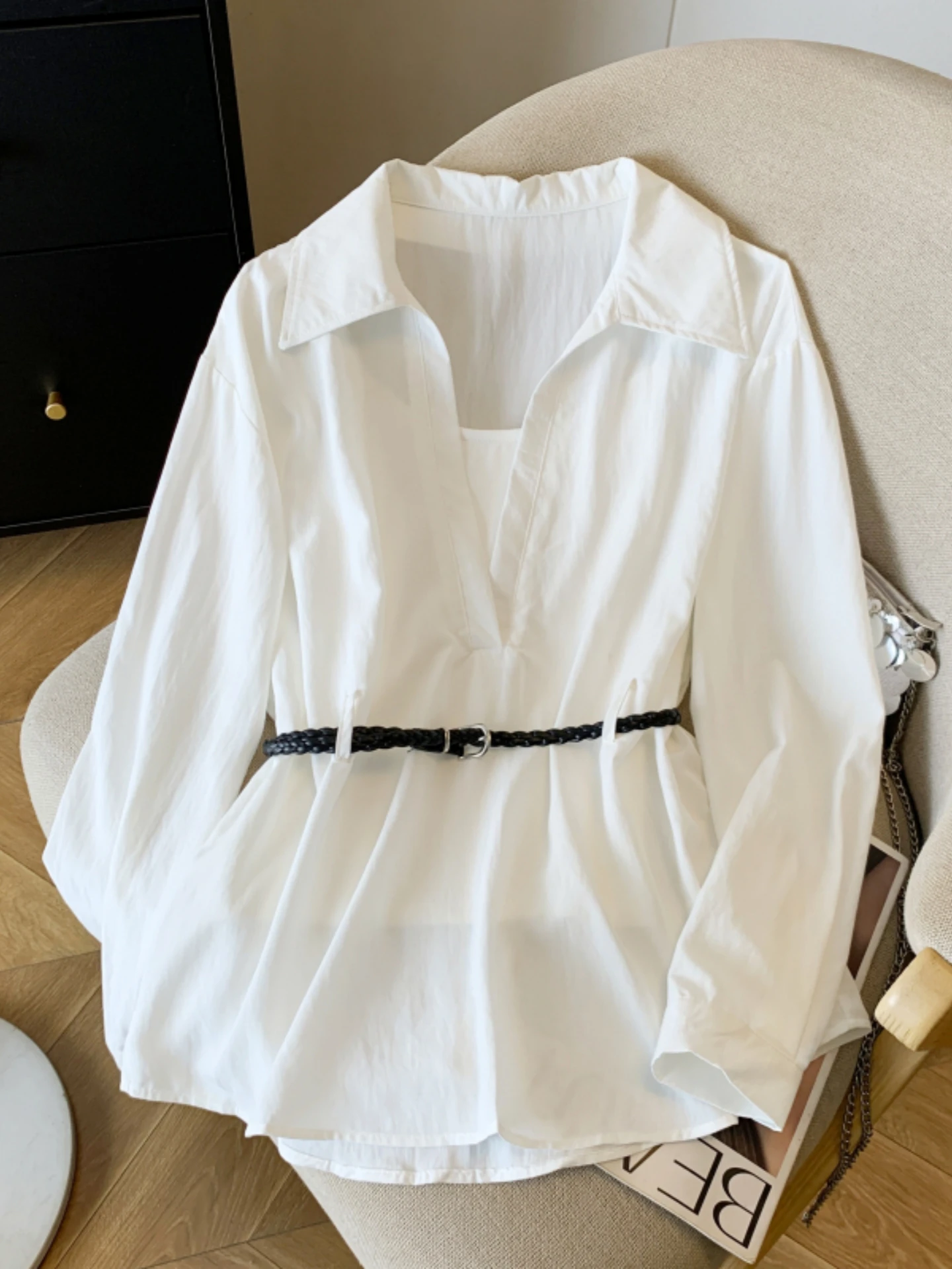 Spring Autumn plus Size Women's Shirt And Tank Top Set Belted Long Sleeve Conceal Meat String Tie Waist Two Piece Set
Spring Autumn plus Size Women's Shirt And Tank Top Set Belted Long Sleeve Conceal Meat String Tie Waist Two Piece Set