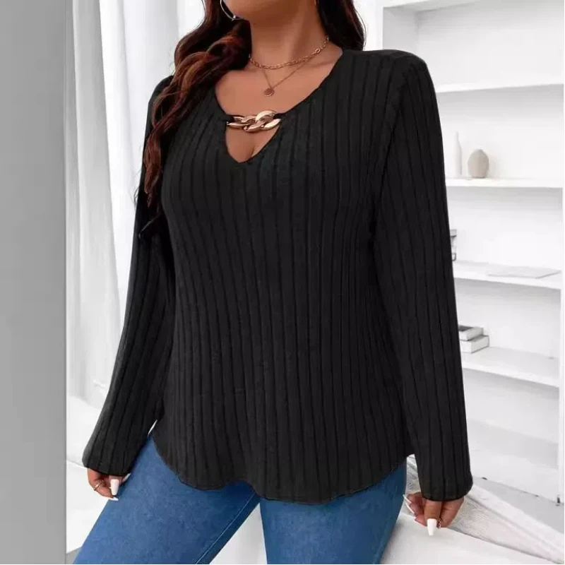 New Solid Color Plus Size Women Elegant Top V-neck Pit Strip Long-sleeved T-shirt Tops
New Solid Color Plus Size Women Elegant Top V-neck Pit Strip Long-sleeved T-shirt Tops