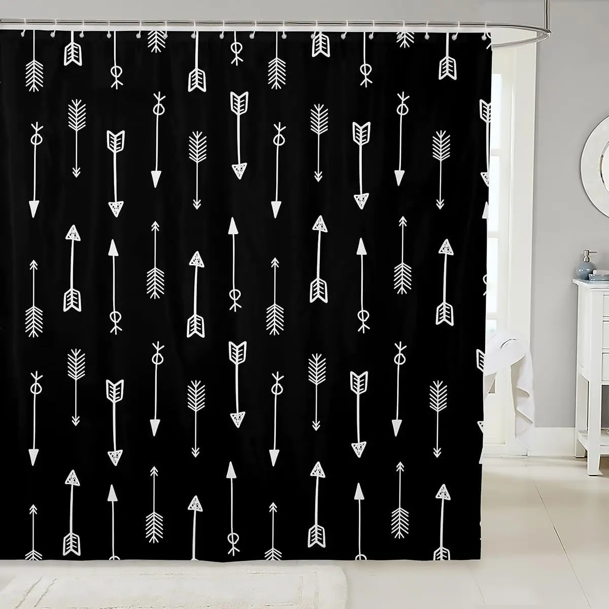 Занавеска для душа со стрелкой, геометрические аксессуары для ванной комнаты для подростков, молодые западные, деревенские, этнические, ретро, с героями мультфильмов, винтажные, абстрактные, черные
Занавеска для душа со стрелкой, геометрические аксессуары для ванной комнаты для подростков, молодые западные, деревенские, этнические, ретро, с героями мультфильмов, винтажные, абстрактные, черные
