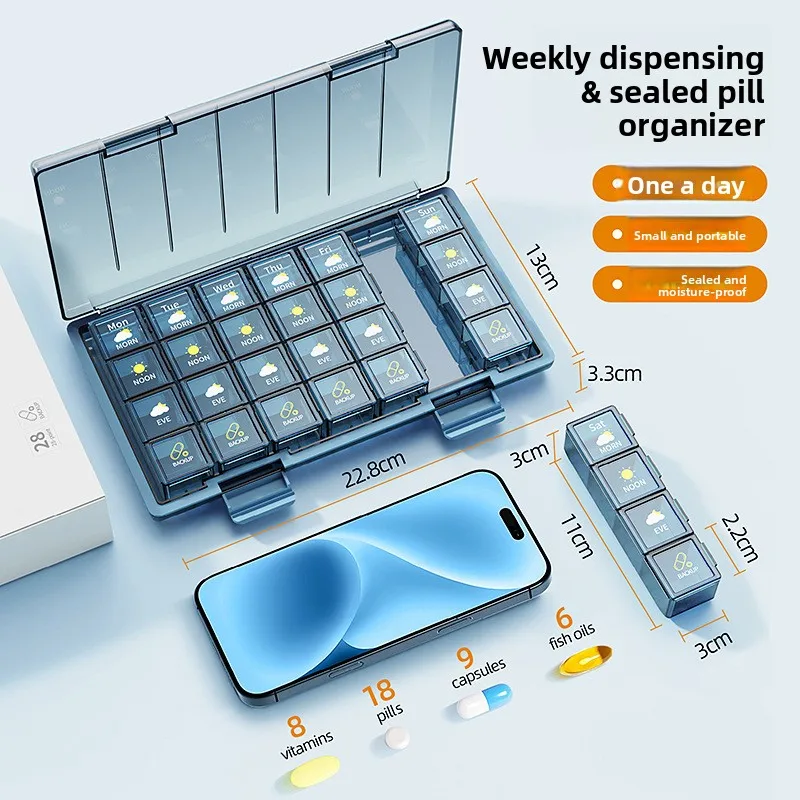 Portable English - marked Medicine Box, Weekly, 21 or 28 Compartments, for Daily Medication Storage, AM - PM Labeled
Portable English - marked Medicine Box, Weekly, 21 or 28 Compartments, for Daily Medication Storage, AM - PM Labeled
