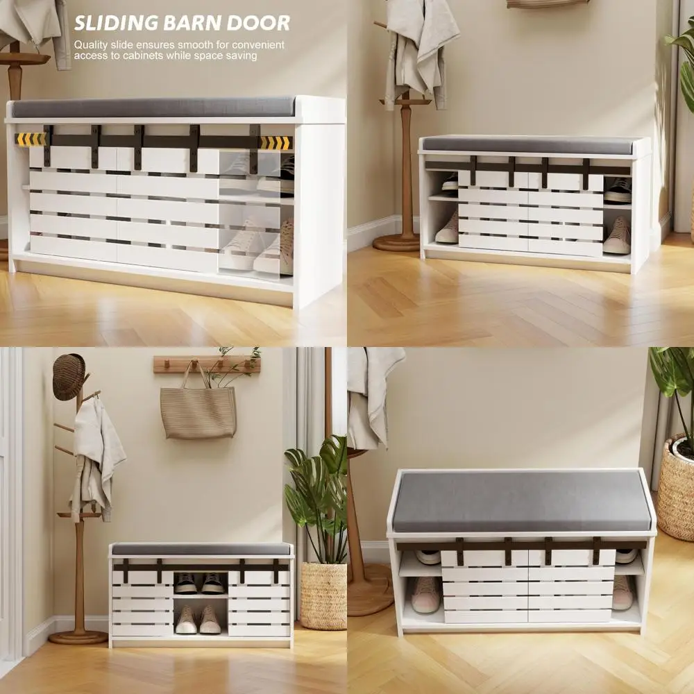 Белая скамья для хранения обуви с раздвижной дверью сарая с серой подушкой и регулируемыми полками
Белая скамья для хранения обуви с раздвижной дверью сарая с серой подушкой и регулируемыми полками
