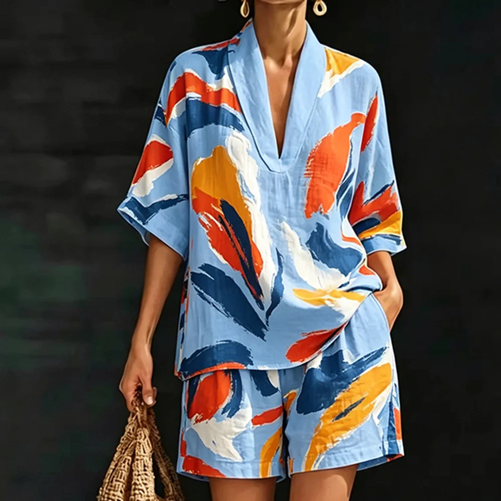 Women's 2 Piece Set Fashion Summer Casual Painted Print V Neck Loose Top and Shorts Holiday Beach Matching Outfit
Women's 2 Piece Set Fashion Summer Casual Painted Print V Neck Loose Top and Shorts Holiday Beach Matching Outfit