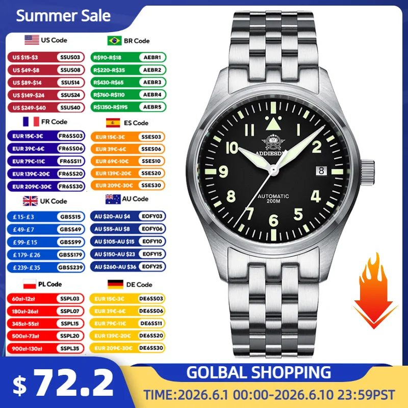 ADDIESDIVE Automatic Mechanical Watches 39mm Men's Diver Watch Sapphire Glass 200m Waterproof 316L Steel C3 Luminous Wristwatch
ADDIESDIVE Automatic Mechanical Watches 39mm Men's Diver Watch Sapphire Glass 200m Waterproof 316L Steel C3 Luminous Wristwatch