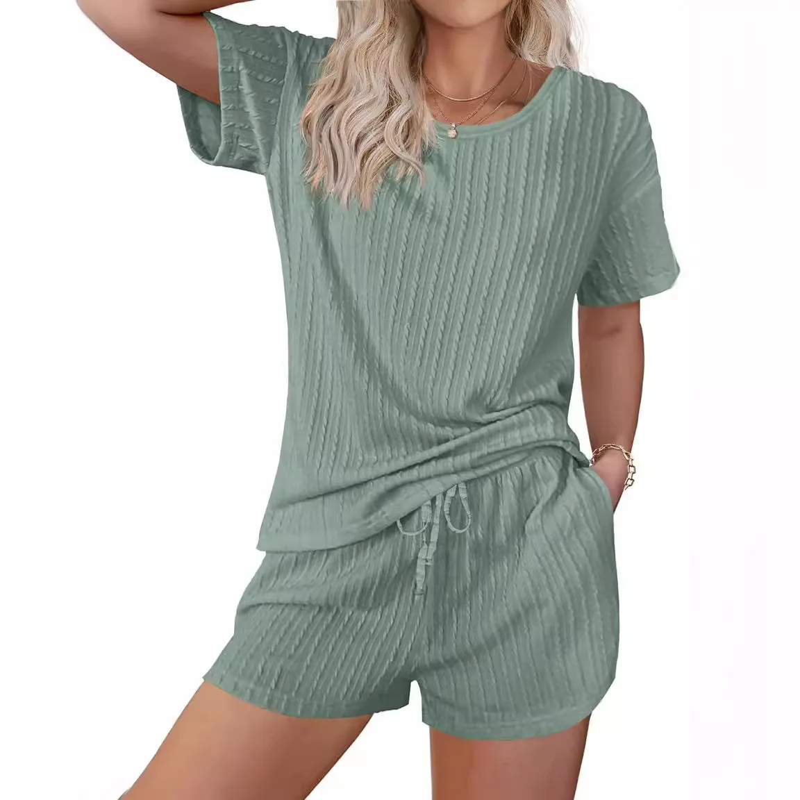 Women Shorts Sets Two Piece Round Neck Short Sleeve Top Pullovers Solid Drawstring Pant Solid Casual Pocket Summer 2025
Women Shorts Sets Two Piece Round Neck Short Sleeve Top Pullovers Solid Drawstring Pant Solid Casual Pocket Summer 2025