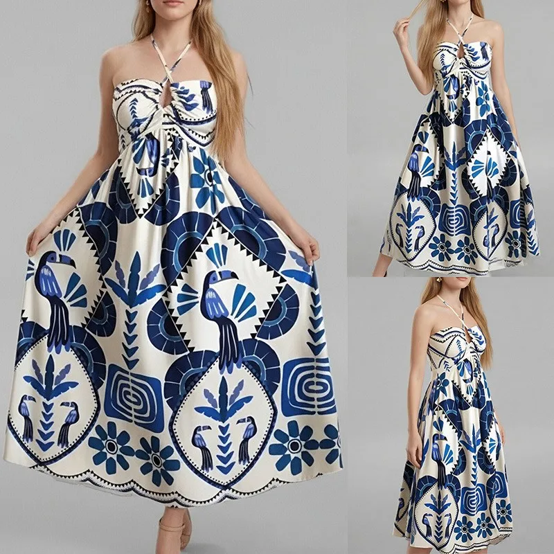 Summer Dress for Woman White Halter Neck Long Printed Maxi Dress Blue and White Bird Motif Print High Waist Scalloped Hem Slim
Summer Dress for Woman White Halter Neck Long Printed Maxi Dress Blue and White Bird Motif Print High Waist Scalloped Hem Slim