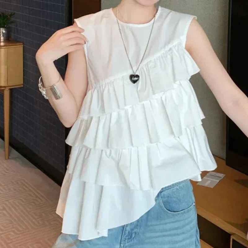 Chiffon White Women's Blouses Ruffle Korean Shirts FASHION Loose Summer Casual Clothing Solid Sleeveless Women Tops
Chiffon White Women's Blouses Ruffle Korean Shirts FASHION Loose Summer Casual Clothing Solid Sleeveless Women Tops