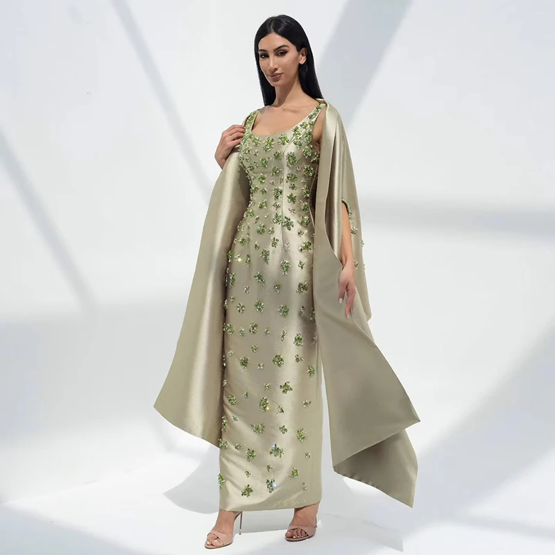 Sleeveless Square Neck Evening Dresses with Matching Satin Cape Green Rhinestone Floral Embroidery Formal Dress Elegant Gowns
Sleeveless Square Neck Evening Dresses with Matching Satin Cape Green Rhinestone Floral Embroidery Formal Dress Elegant Gowns