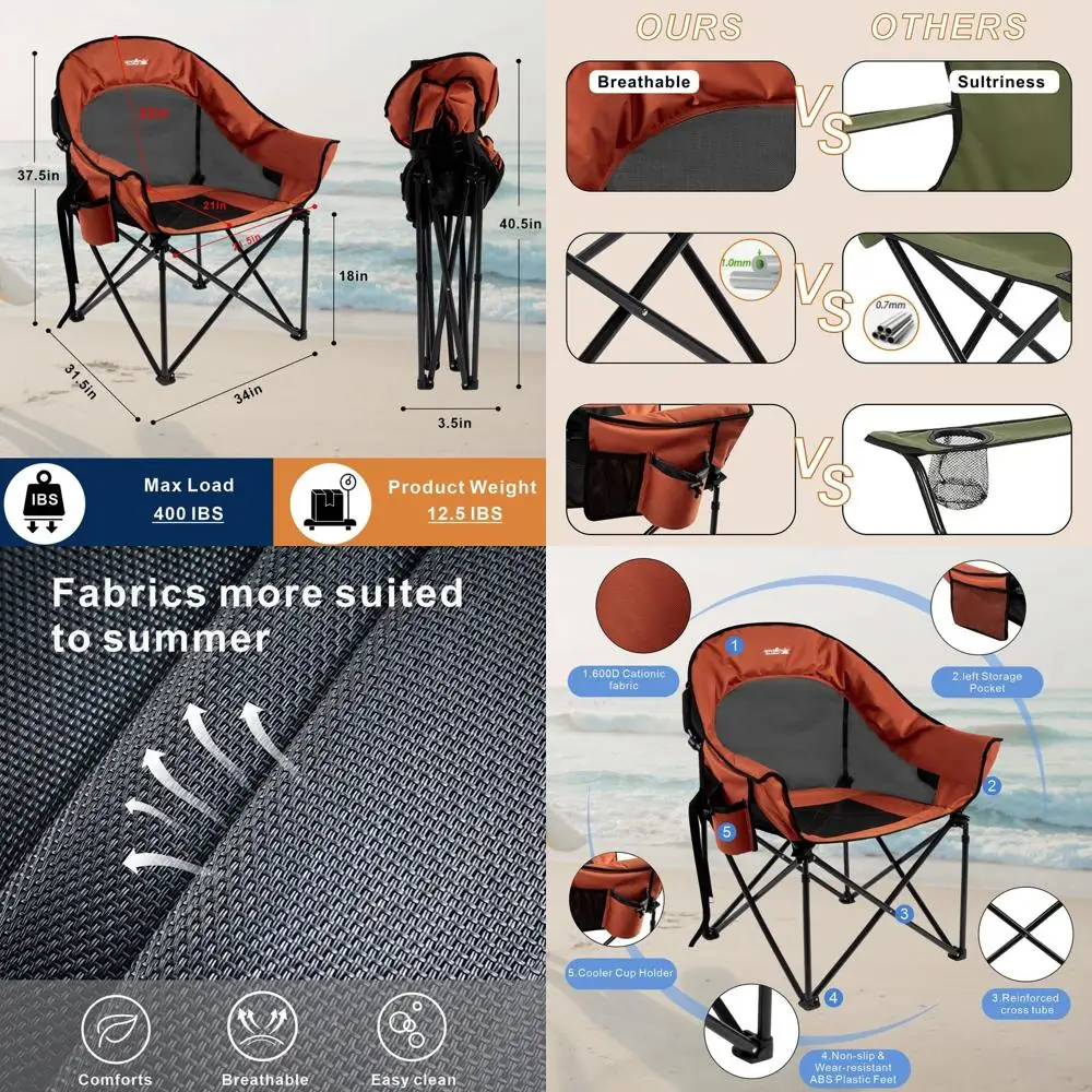 Extra Large Heavy Duty Padded Camping Chair with Mesh, Portable Outdoor Beach Chair for Adults, Cup and Side Pocket, Supports 50
Extra Large Heavy Duty Padded Camping Chair with Mesh, Portable Outdoor Beach Chair for Adults, Cup and Side Pocket, Supports 50