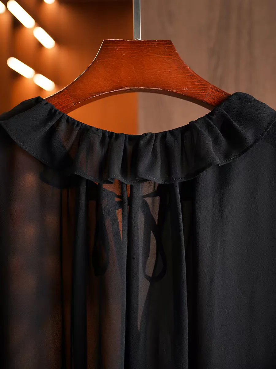 Spring Summer Ladies Lightweight Chiffon Long Sleeve Shirt plus Size Lace-Up See-Through Black Blouse Sexy 5XL Chiffon Top
Spring Summer Ladies Lightweight Chiffon Long Sleeve Shirt plus Size Lace-Up See-Through Black Blouse Sexy 5XL Chiffon Top