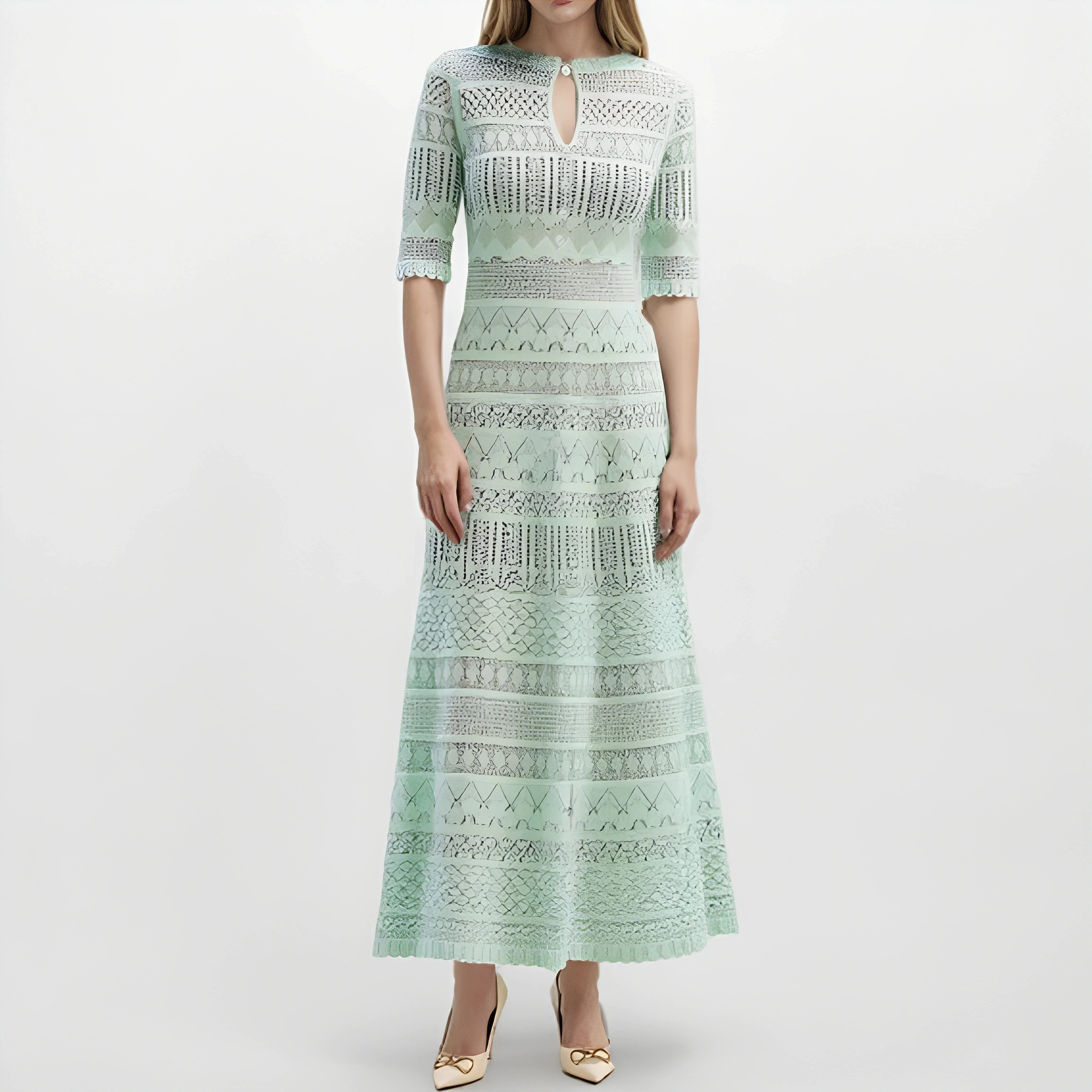 Micosoni High-end Quality Spring Summer Elegant Light Green round Neck Short Sleeve Openwork Overhead Mid-Length Knitted Dress
Micosoni High-end Quality Spring Summer Elegant Light Green round Neck Short Sleeve Openwork Overhead Mid-Length Knitted Dress