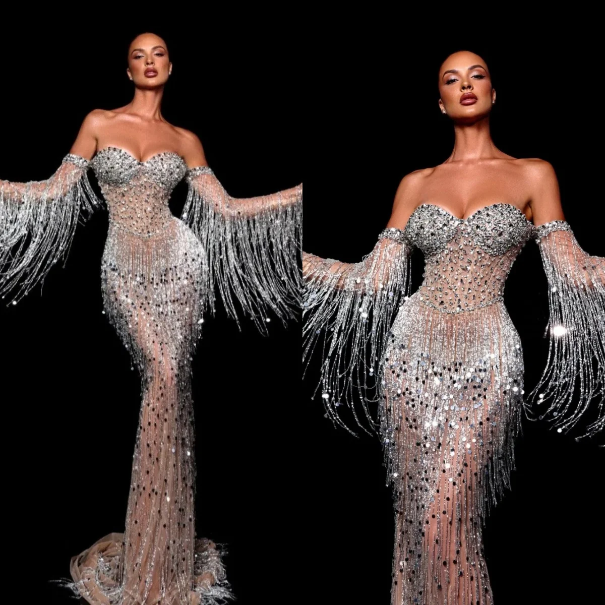 Sexy Strapless Crystal Prom Dresses Sparkly Sequined Tassels Evening Dress Customized Floor Length Beaded Party Cocktail Gown
Sexy Strapless Crystal Prom Dresses Sparkly Sequined Tassels Evening Dress Customized Floor Length Beaded Party Cocktail Gown