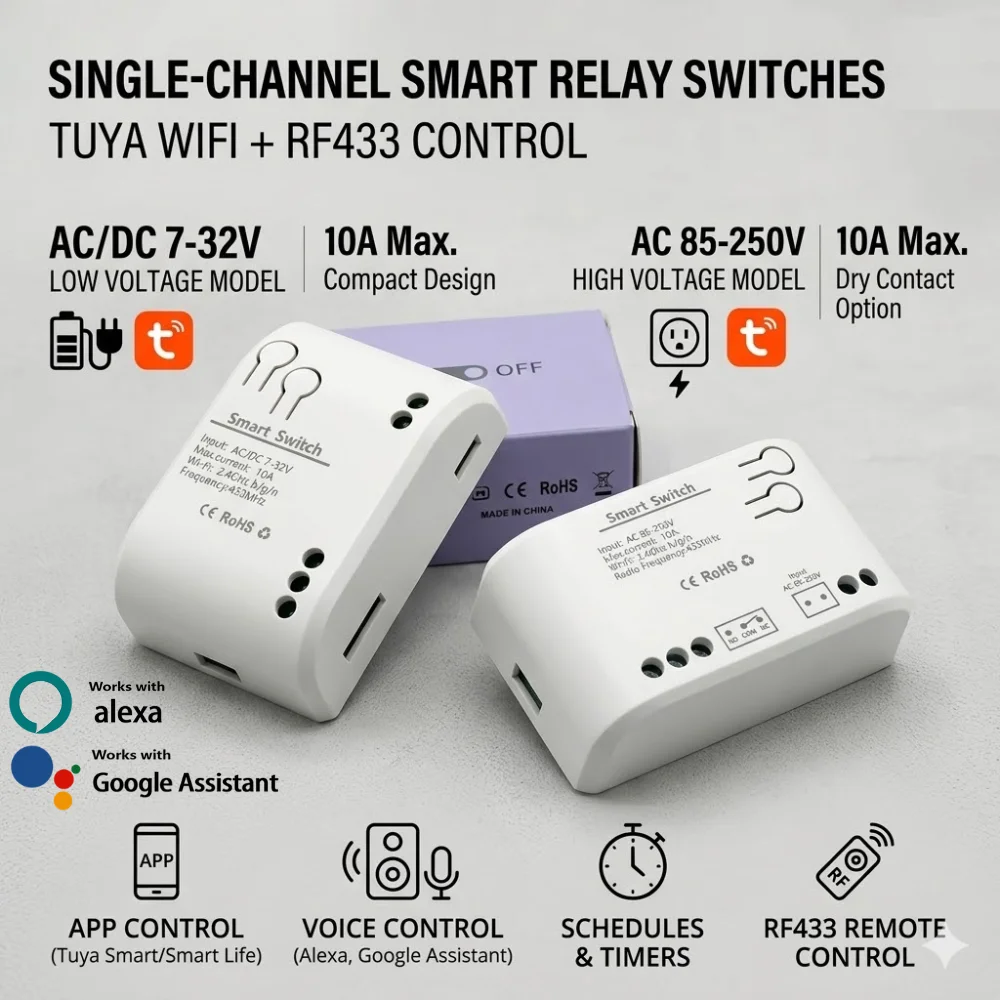 Беспроводной WiFi/RF433 выключатель Tuya 1CH, модуль реле 10А (DC 7-32В, AC 85-250В) для гаражных ворот, умный дом, DIY
Беспроводной WiFi/RF433 выключатель Tuya 1CH, модуль реле 10А (DC 7-32В, AC 85-250В) для гаражных ворот, умный дом, DIY