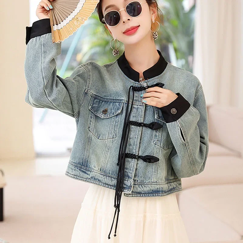 Spring Women Vintage Contrast Color Round Collar Patchwork Blue Short Denim Jacket Korean Casual Loose Long Sleeve Jeans Jacket
Spring Women Vintage Contrast Color Round Collar Patchwork Blue Short Denim Jacket Korean Casual Loose Long Sleeve Jeans Jacket