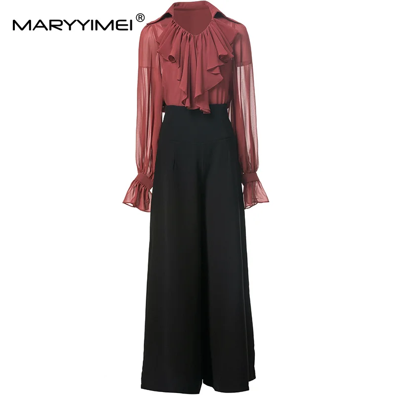 MARYYIMEI Elegant Fashion Women's Suit V-Neck Ruffles Long Sleeve Tops+Loose Straight Leg Pants Solid 2-piece set
MARYYIMEI Elegant Fashion Women's Suit V-Neck Ruffles Long Sleeve Tops+Loose Straight Leg Pants Solid 2-piece set
